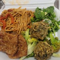 Soy fillets, vegetable balls and noodles in tomato sauce at El Jardin Vegetariano in Panama City