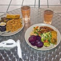 Choice of different dishes on our plates at El Jardin Vegetariano in Panama City, May 2014 at El Jardin Vegetariano in Panama City