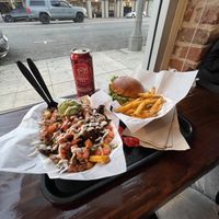 Asada fries and classic burger  at Chicana Vegana in Fullerton