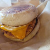 The muffin breakfast sandwich served all day at Chicana Vegana in Fullerton