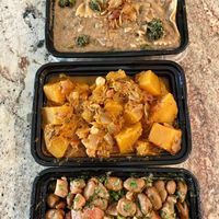 Lentils and pasta, pumpkin stew, and fava beans stew at Vegan Stops in Garden Grove