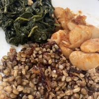 Butter beans, spinach/cilantro, carmelized onion lentil bulgur wheat  at Vegan Stops in Garden Grove