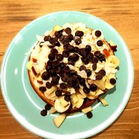 We went overboard with the toppings! Lots of fruit and chocolate sprinkles ;) at Heart-Garden Waffles & Coffee in Amsterdam