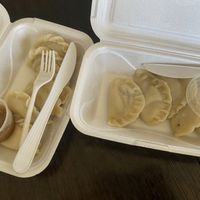 L-potato&onion pierogi, and R-sauerkraut and mushroom pierogi. (Vegan) at Tata's Pierogi in Elk Grove Village