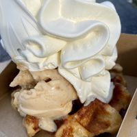 Liege waffle with speculoos and caramel ice cream and whipped cream  at IceLab NiceCream Creations in Antwerpen