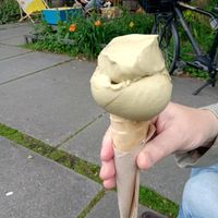 Two scoops of pistachio ice cream in a cone at IceLab NiceCream Creations in Antwerpen