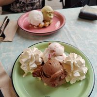Chocolate, cheesecake and whipped cream with a waffle at IceLab NiceCream Creations in Antwerpen