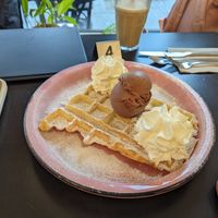 Other kind of waffle with chocolate ice cream and whipped cream at IceLab NiceCream Creations in Antwerpen