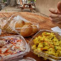 Challah, coleslaw, and tofu salad at Root 66 Cafe in Santa Fe