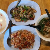 Tom Kha, Pad Thai, noodle and duck soup, fried noodles with basil and chilies at VeggieJ - อาหารเจสะพานหัน in Bangkok