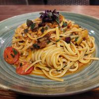 Spaghetti, vegan tuna, courgette, cherry tomatoes (13.90) at Da Noi in Dusseldorf