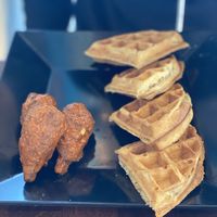 Spicy chik’n and waffles - brunch item at The Vtree in Los Angeles