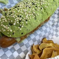 Hot dog and sweet potato crisps at BEIJU HEALTHY FUN FOOD in Cascais