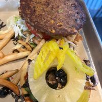 Veggie patty burger with all the vegan toppings at Relish in Gainesville