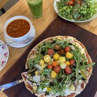 Hummus pizza, salad, tomato soup & green juice   at Think Green in Gyeonggi-do