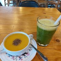 Vegetable soup and green detox juice at Think Green in Gyeonggi-do