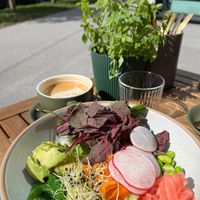 Carrot lox bowl and a latte. at Kringel in Tallinn