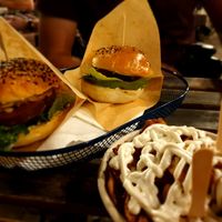 Burger and fries with veganaise at LIŠKA in Prague