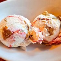 Vanilla bean ice cream with stone fruit and brown sugar almond cake at Above Ground - Pop-up in Oakland