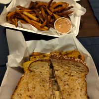 Tempeh Reuben with yummy fries and "special sauce".  at Viva! Vegetarian Grill - Food Cart in Eugene