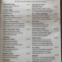 Veg Sushi menu at Kyoko in Fayetteville