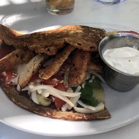 Zorba the greek crepe without olives and added gardein chicken was delicious! Double check because the server gave us non vegan sour cream.  at The Crêpe Place in Santa Cruz