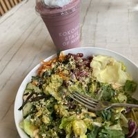 Beet poke bowl and strawberry shake  at Kokomo in North Vancouver