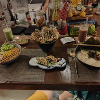 Noodle soup (left) Sushi and Enoki Tempura (middle) Ramen (right). For drinks the Matcha and the Chocolate. at Tian Yun Vegan 天云蔬食 in Penang