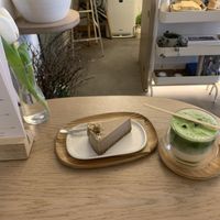 Cashew and Caramel Cake with Matcha Latte  at 4minutes Cafe in Budapest