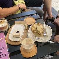 Forgot to take a pic before eating😄Blueberry cheesecake, cardamom bread, and iced chai latte    at 4minutes Cafe in Budapest