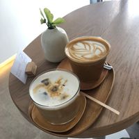 Iced cappucino and flat white, both with pea milk at 4minutes Cafe in Budapest