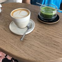 Pea milk cappucino and matcha on ice at 4minutes Cafe in Budapest