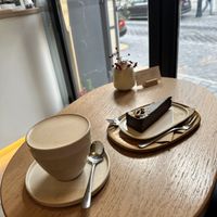 Chai latte & chocolate orange cake  at 4minutes Cafe in Budapest