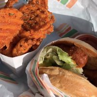 Sweet Potato Waffle Fries and The Spicy Chicken Sandwich!! at Burger Patch in Davis
