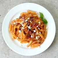 Amore Norma:
Penne, Devozione Salsa Rosso with olives and capers, Pecorino cheese at Devozione Pasta Bar in Berlin