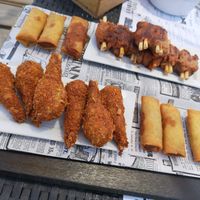 Vegan platter- chicken drumsticks, spring rolls and ribs. at Mai Tai Pool Bar and Restaurant in Lanzarote