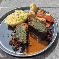 Lentil roast with mashed potatos and saisonal veggies   at Restaurant Aal Eechternoach in Echternach