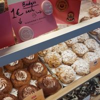 Badges, pins & donut counter at Brammibal's Donuts - Friedrichshain in Berlin