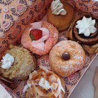 Scrmbled Rhabarber, strawberry cream, caramel-banana, Mango-Kokos, schokobombelonie, zimtschnecke at Brammibal's Donuts - Friedrichshain in Berlin