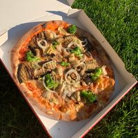 The "Verdura" pizza (vegan cheese, tomato sauce, eggplant, broccoli, fresh mushrooms, artichokes, onions) at Pizza Huus in Bern