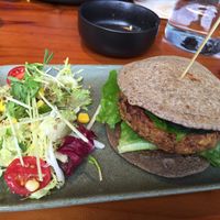 Five bean burger with teff bread and side salad at Africa Coffee & Tea in Hong Kong Island