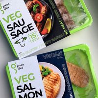 Semi-finished Vegan Sausages and Vegan Salmon (Green Idea) bought at Globus, Eco Bio Vegan section at Globus in Tula