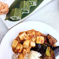 Veggie maki, Szechuan eggplant, tofu with Szechuan sauce and jasmine rice at Chloe's Chinese Restaurant in Paphos