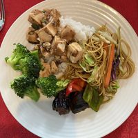 Garlic broccoli, Szechuan aubergine, chow mein noodles, black bean tofu, and rice . at Chloe's Chinese Restaurant in Paphos