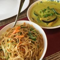 Vegan chow mein and green curry at Mr. Woo in Paphos