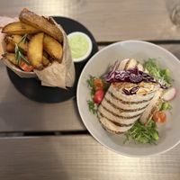 BBQ Jackfruit Wrap + Homemade Chips with garlic sauce  at Kozy Eats  in Riga
