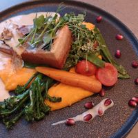 Tofu Salmon with carrot-potato puree and caper sauce (14.5 eur) at Kozy Eats  in Riga