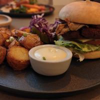 Wild Mushroom burger with homemade potato wedges (13.5 eur) at Kozy Eats  in Riga