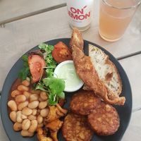 English breakfast and rhubarb lemonade. So delicious! at Kozy Eats  in Riga