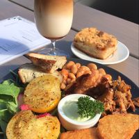 english breakfast and rhubarb cake  at Kozy Eats  in Riga